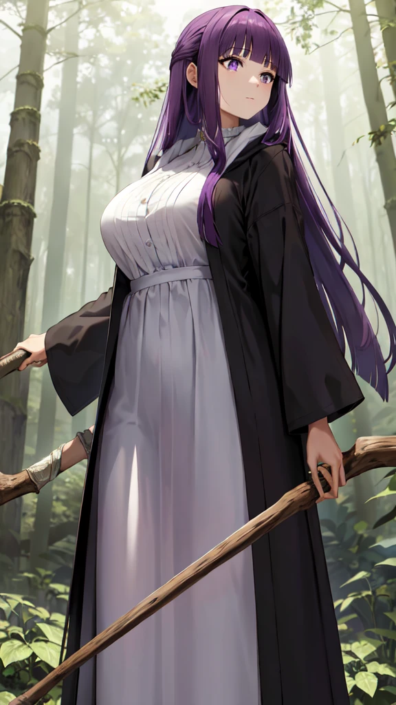 masterpiece, Highest quality, High resolution, Arfern, Long Hair, Purple Hair, Blunt bangs, Purple eyes, Large Breasts, Long dress, White Dress, Black Robe, Long sleeve, Are standing, holding staff, forest, Cowboy Shot,