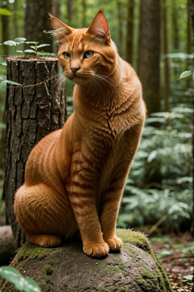 Ginger cat sitting on a stump in the Forest Close-up ultra-detailed Canon EOS R5 and a 200mm lens, wildlife photography, photo realistic, ultra-detailed. Clear background, detailed leaves, grass.