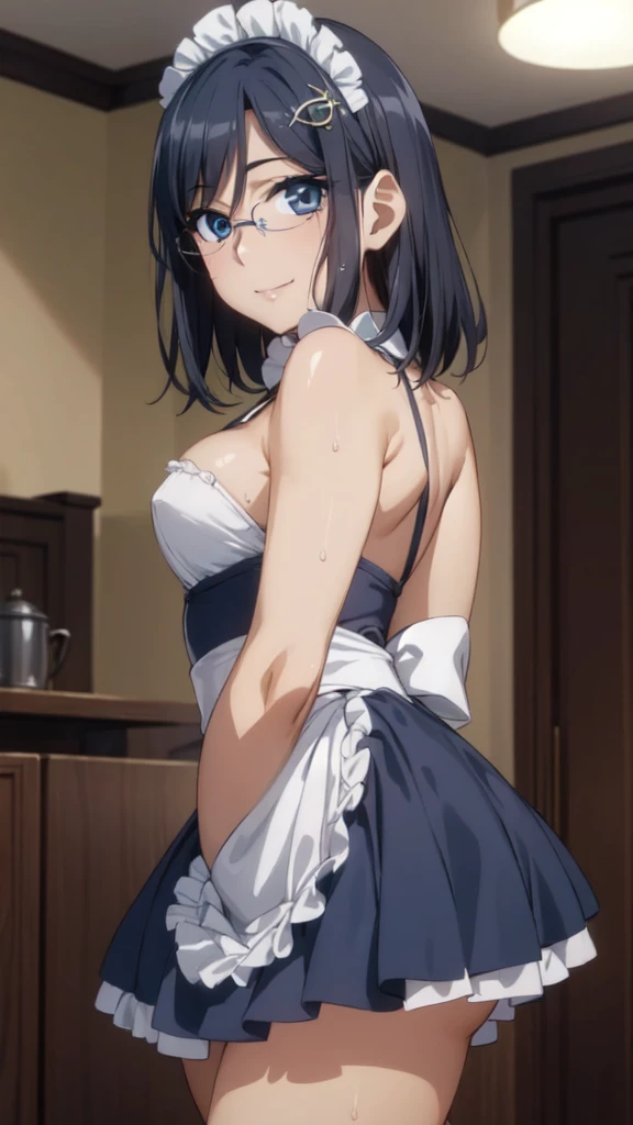 (From the side:1.3),One Girl,18-year-old,(Perfect hands:1.3), Perfect Fingers,Perfect , (masterpiece:1.4), Highest quality,Realistic, hyperRealistic, 16k hdr, morning, short hair,Put your arms behind your back,(Aesthetic Anime Eyes:1.4),Condescending eyes,Beautiful Eyes,(Beautiful female hands:1.3),Small hands,(Thin fingers:1.3), (Navy Blue Hair), blue eyes, Glasses,Something like that, Cafe,Are standing,(Sweat:1.3),(smile:1.2),,Cleavage,( maid outfit,Head ornament:1.2),Ultra mini skirt,Frills, maid outfit,White panties,raise one leg slightly,