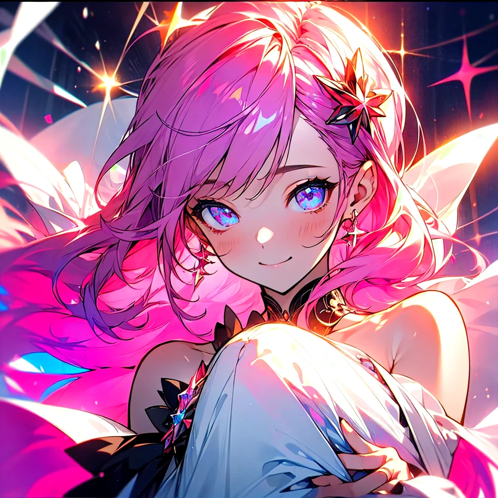 (Beautiful and aesthetic:1.2)、(1 Girl:1.3)、(Black and pink hair:1.2)、Wearing a wedding dress、Cosmoiracle、happinessそうなsmile、smile、happiness、Cosmosが咲き誇る、Fantastic space、