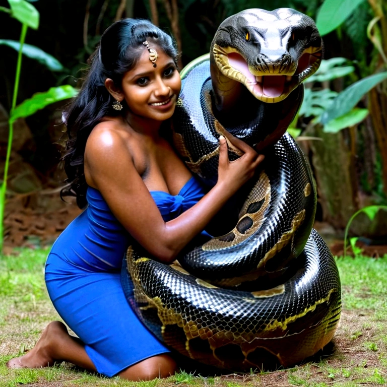 Happy Horny, aroused 1girl), beautiful kneeling indian young teen girl with giant colossal black anaconda monster squeezing her hard, wrapped in thick spiraling coils, constricted, struggle, gasping for air, snake attack, snake peril, moonless night, dim light