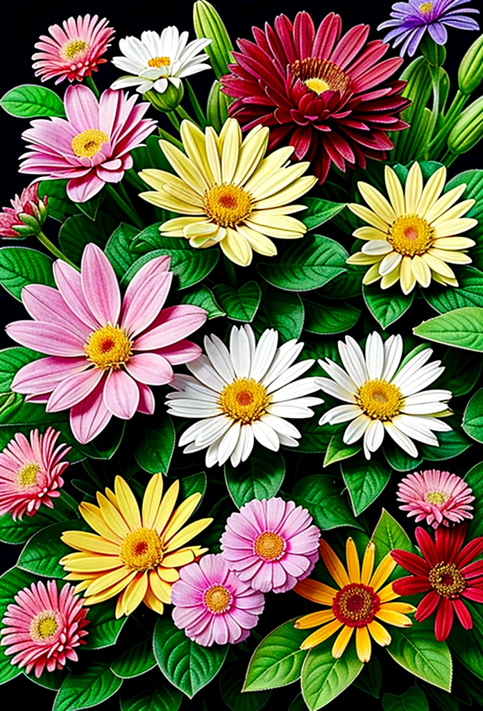 Detailed representations of different plants and flowers. Focus on the texture and vibrant colors of plants.