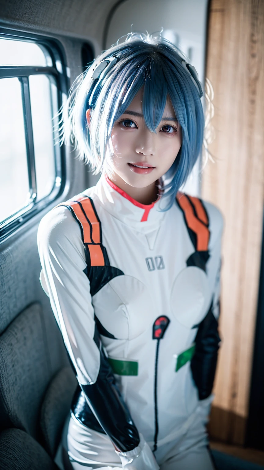 (One Girl:1.3), Japanese high school students, Great face and eyes, Looking into the camera, A joyful smile、Showing teeth、 (Highest quality:1.4), Very detailed CG 統合 8k 壁紙, Very detailed, 高解像度のRAWカラーphotograph, プロのphotograph撮影, Realistic full boDy shot, Studio shot、Portrait of sexy girl, Open appearance, Ultra-high resolution,Highest quality,photograph,4K,(Realistic:1.2),One Girl,:D,ayanami_Cosplay_Costume,Plug Suit,Blue Hair,Ayanami Rei,Pilot Suit,Cosplay,Interface Headset,Hair Pod,gloves,Braces,Perfect fit for your skin,(Short Hair:1.8)、slim、on the train、Dark Eyes、