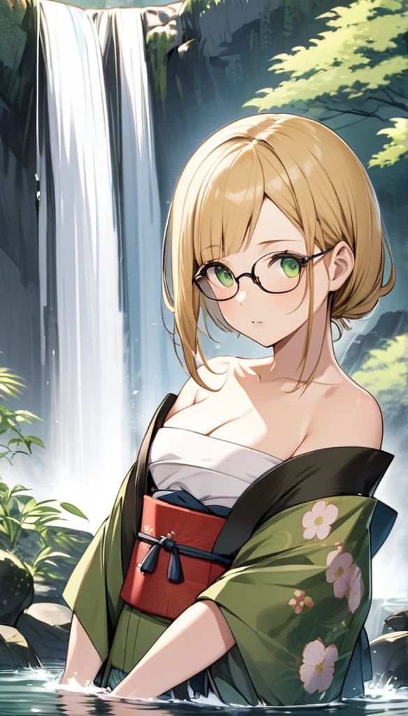 chubby girl, blonde, green eyes, medium length hair, open forehead, without bangs, glasses with black square frames Japanese clothing style, ancient japan, bare chest
water, waterfall