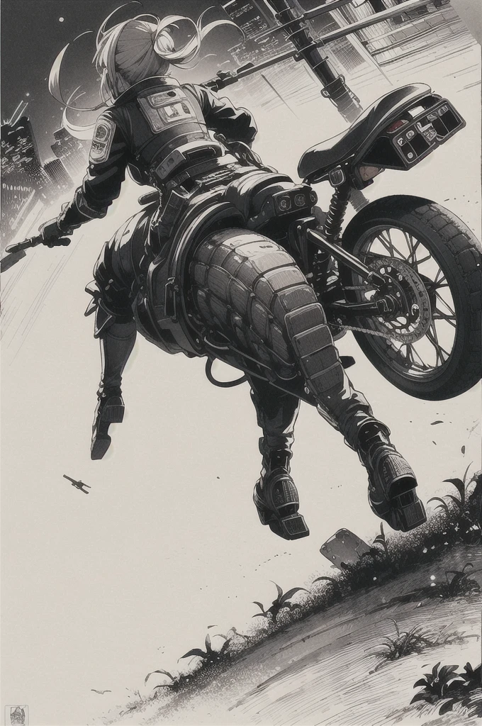 best quality, masterpiece, photo, 4K, photorealistic, highly detailed,
1girl riding motobike, techwear, cyberpunk city, solo, futuristic, huge moon in the background, black and white, by Akira Toriyama, closeup,
