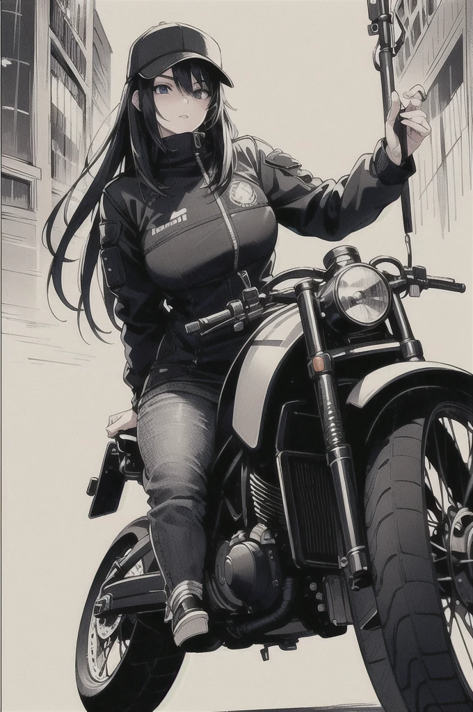 score_9, score_8_up, score_7_up, source_anime, BREAK 1girl, solo, looking at you, smug, smirk, half-closed eyes, crossed arms, <lora:RaynieRH-pdxl:1> raynRH, long hair, high ponytail, big breasts, fur trim, leather jacket, tight black pants, boots, motorcycle, outdoors