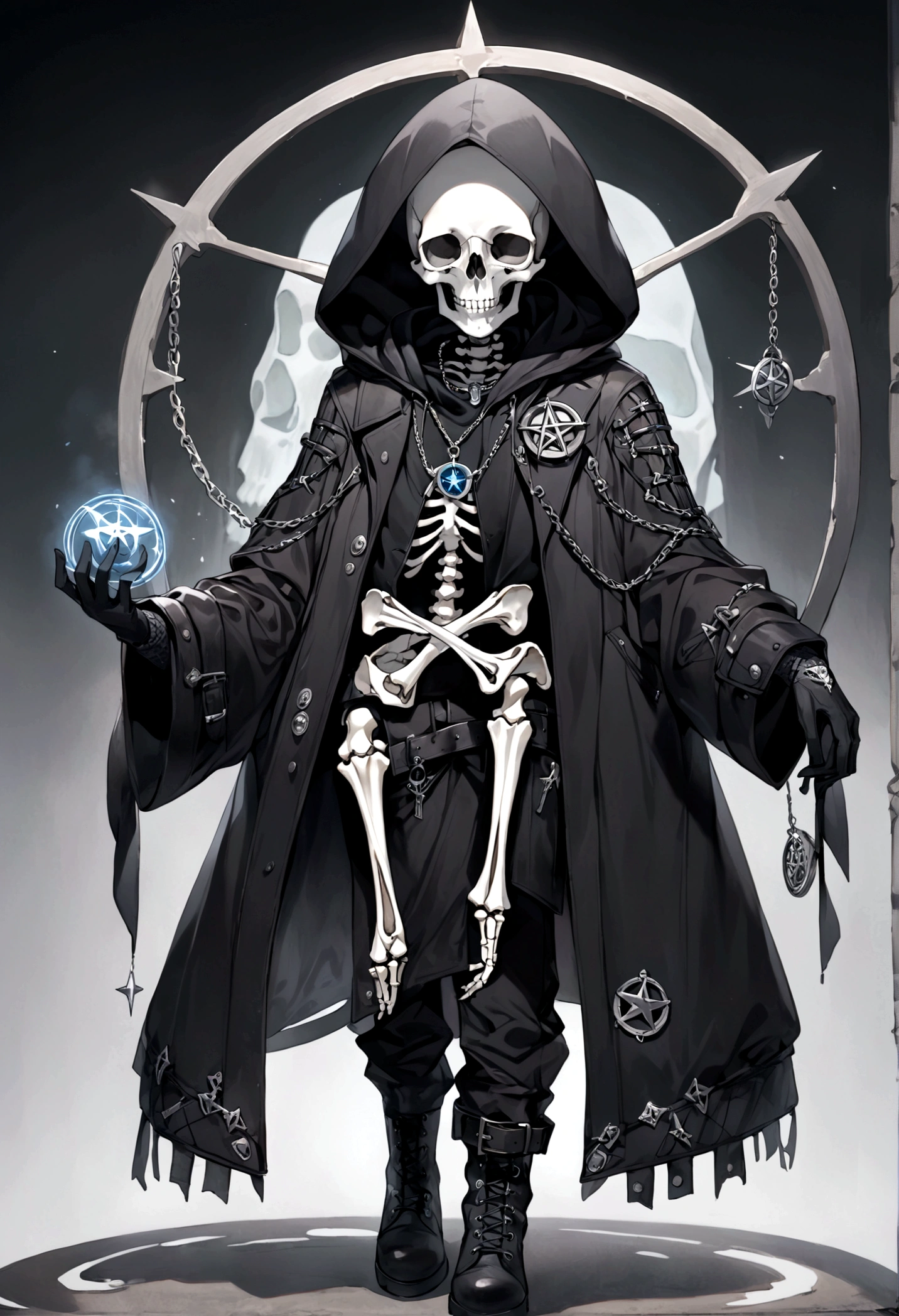 a necromancer skeleton that wears black mesh clothing covering its skeletal body, leaving only its head showing, wearing a black coat with a hood over the knitted clothing, black leather gloves, black leather boots with some belts that hold them up, a silver necklace with a circle and a pentagram inside the circle. not anime style.