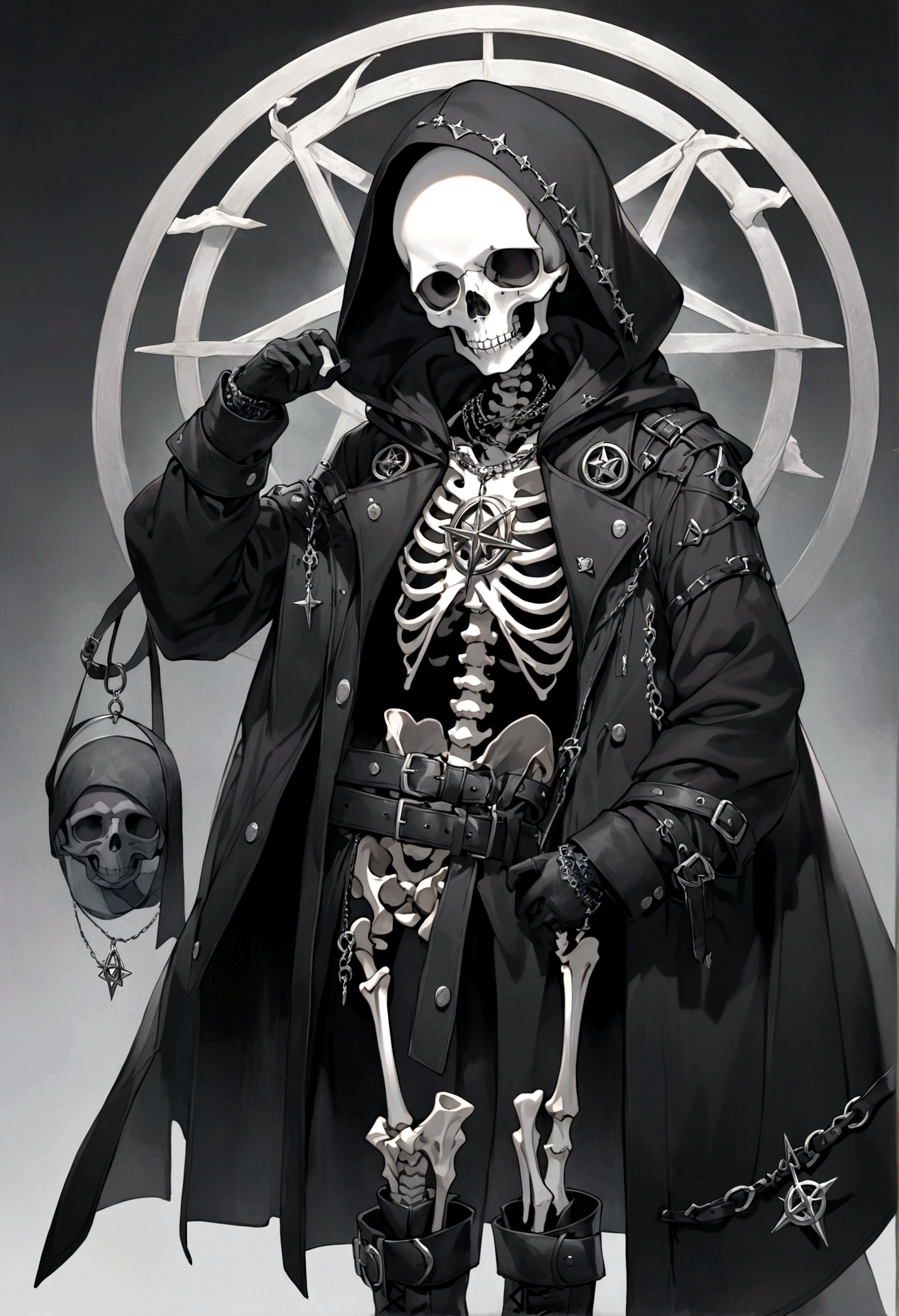 a necromancer skeleton of great stature, who wears a black mesh outfit covering his skeletal body, leaving only his skull showing. wearing a black coat with a hood over the knitted clothing. black leather gloves, black leather boots with some belts that hold them up, around her neck is a silver necklace with a circle and a pentagram inside the circle.. 