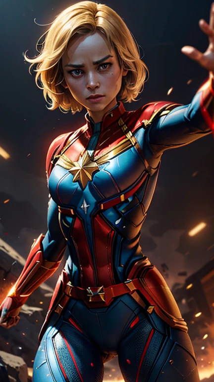 Captain Marvel(Brie Larson face), combat stance, highly detailed, vibrant appearance, creative behavior, extremly detailed, imaginative, sensual, spontaneous, small breasts, sexi, revealing, highest quality, skin texture, intricate details, (cinematic lighting), RAW photo, 8k, masterpiece,best quality,ultra-detailed,very detailed illustrations,extremely detailed,intricate details,highres,super complex details,extremely detailed 8k cg wallpaper,