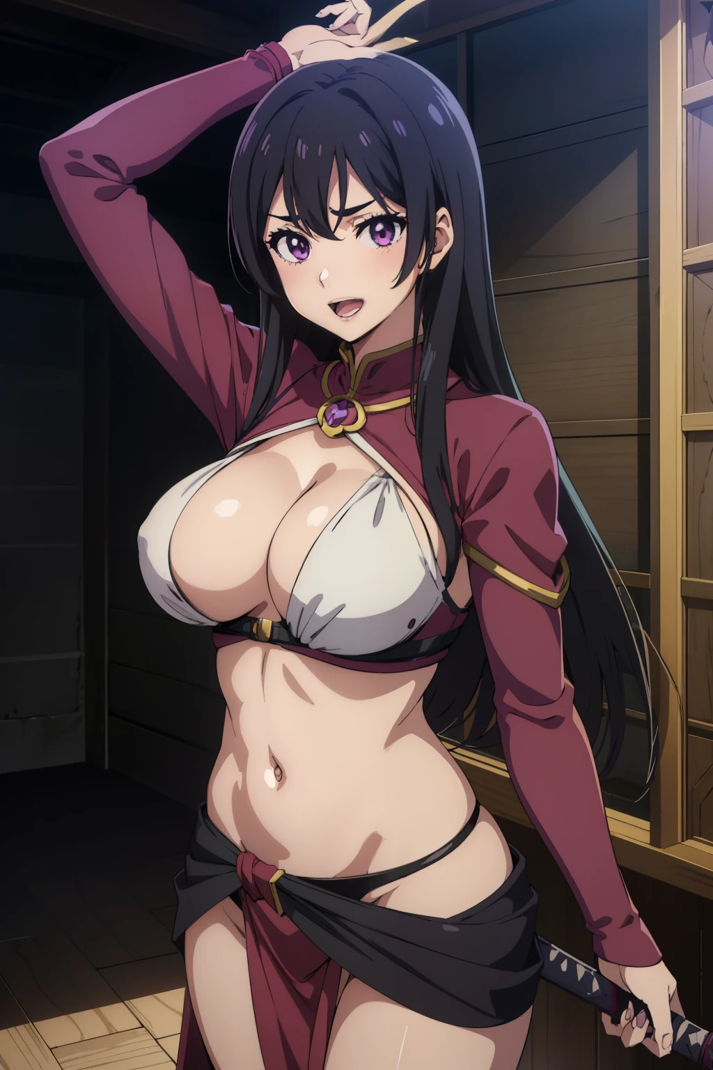 hizuruminakata, hizuru minakata, long hair, black hair, (purple eyes:1.1), large breast,
blush, lipstick, masterpiece, best quality, highly detailed, fantasy , a anime girls in armored dress holding a sword
posing for a picture, evil smile, smile, open mouth, breastplate with open cleavage, cleavage, warrior
outfit, ecchi anime style, anime girls, ecchi style, (nsfw) not safe for work, ecchi, digital anime art!!, in
anime style, official artwork, visual novel cg, beautiful anime girl, anime style 4 k , loincloth, exposed
belly, exposed navel, exposed midriff, exposed lower belly, pencil skirt armored, castle,inside castle