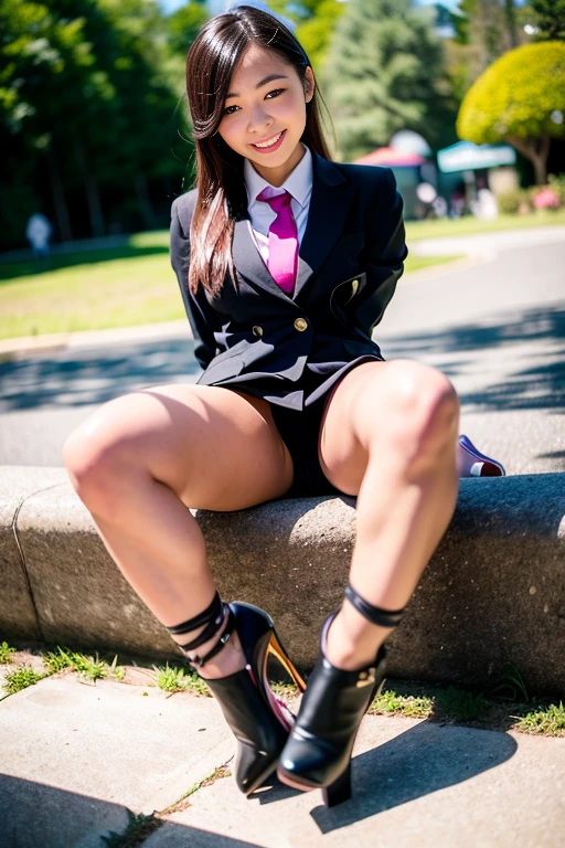 (bed:1.5)、(((Spread your legs wide:1.35)))、(Knee-length:1.5)、(High heels:1.5)、super high quality, Natural brightness, Natural light, beautiful girl, Japanese Talent、suzu hirose, smile, Black Hair, Long Hair, Japanese schoolgirl, uniform, skirt, whole body, Beautiful skin type, amusement park, Beautiful legs, dance, Spread your legs