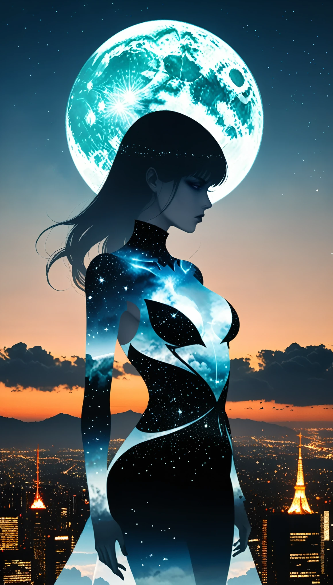(Double Exposure:1.5)，Screen segmentation，in style of Thierry Mugler，Magic witch silhouette from nebula，fantasy,On one side is a grand and gorgeous sunrise and on the other side is a quiet and ethereal full moon，A hazy city，Halo，Japanese anime style，