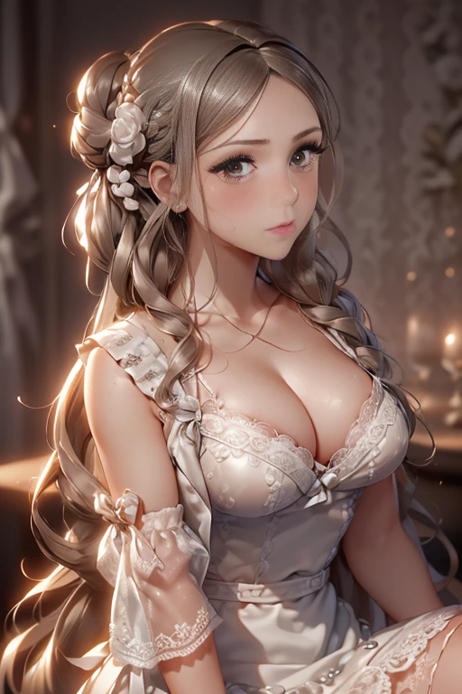 (from below:1.2),(from side:0.9), ((Face)), (Close-Up:0.4), (A masterpiece of image quality in 8K),(Beautiful Allafed Woman),(((emphasizing breasts:1.3))),(Dynamic angles),(Dynamic and sexy bending pose:1.3),(sit a chair:1.3),(Short hair in shiny silver and orange inner colors,large full breasts,Disturbance of clothing due to movement,breast slip,(Ponytail twisted buns adorned with elaborate braids and beads,Braided Setup Fishbone Hair:1.2),(see-through bangs),small breasts,(((A brown lace apron that shows your bare skin from under your small breasts.......)))、Blush with embarrassment、Enraptured eyes、 open mouth,A smile that beguiles the viewer、(Look back:1.7)、Look into the photographer,skin glistening with sweat,gazing at viewer,,(Professional Lighting),(masutepiece,top-quality,Ultra-high resolution output image,),(Ultra HD with complex detail image modes),depth of fields,Beautiful hands,Beautiful fingers,Detailed finger features,(Detailed hair features:1.7),detailed facial features,detailed clothes features,