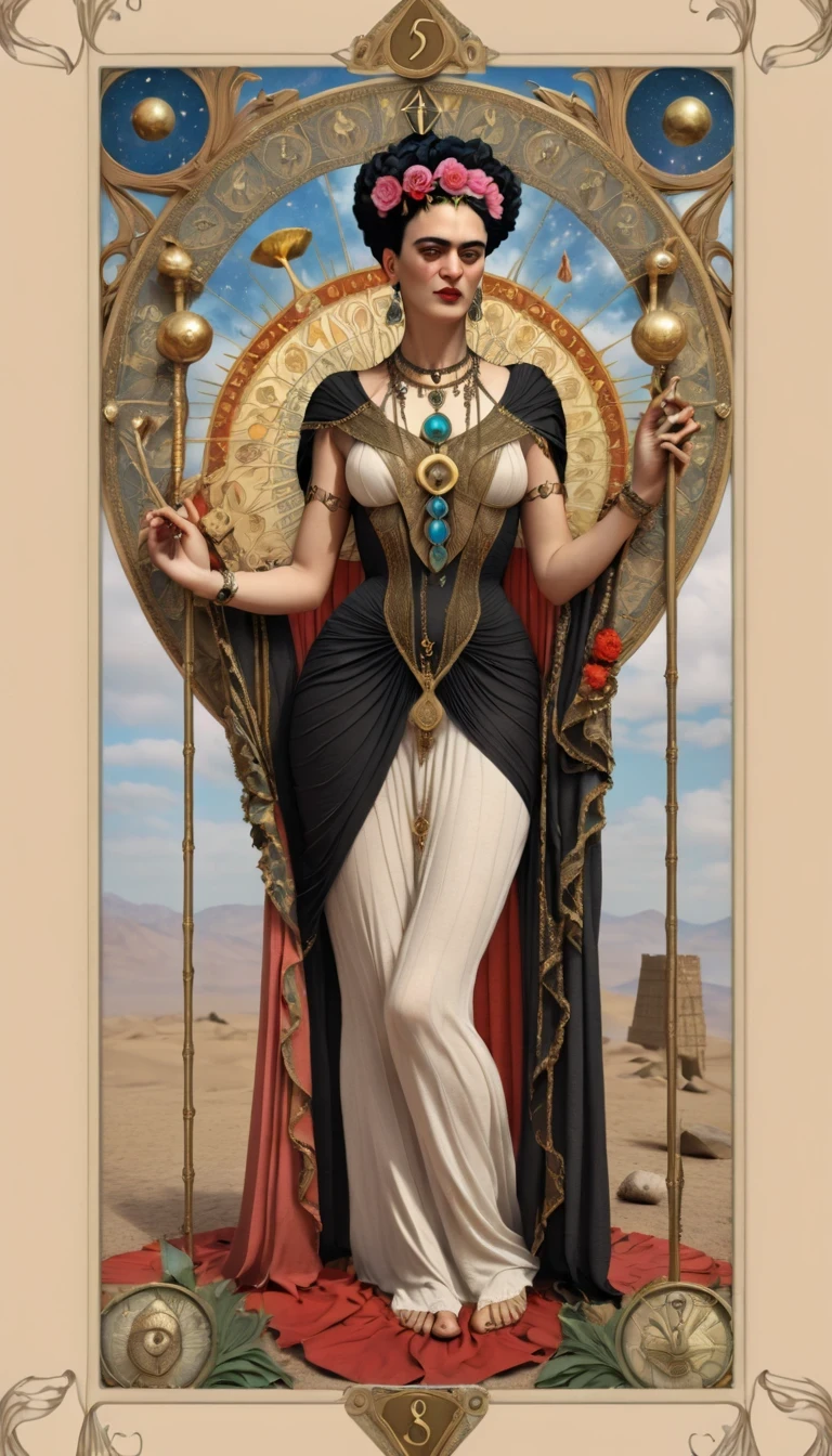 Frida Kahlo as a Tarot Card: score_9, score_8_up, score_7_up, score_6_up, score_5_up, [ ACOCleopatra],[Black Hair],Cleopatra from Assassin's Creed Origins,[Jewelry],[ancient Egypt],4k,sharp image,detailed, sexy, extremely detailed artgerm, (masterpiece, best quality:1.2), (insanely detailed, beautiful detailed, masterpiece, best quality), (insanely detailed, masterpiece, best quality) of tarot cards, a touch of Frida's signature artistic flair. (best quality, highres, vivid colors, photorealistic, artistic interpretation, detailed portrait), surreal tarot card, Frida Kahlo as a goddess in the tarot deck.