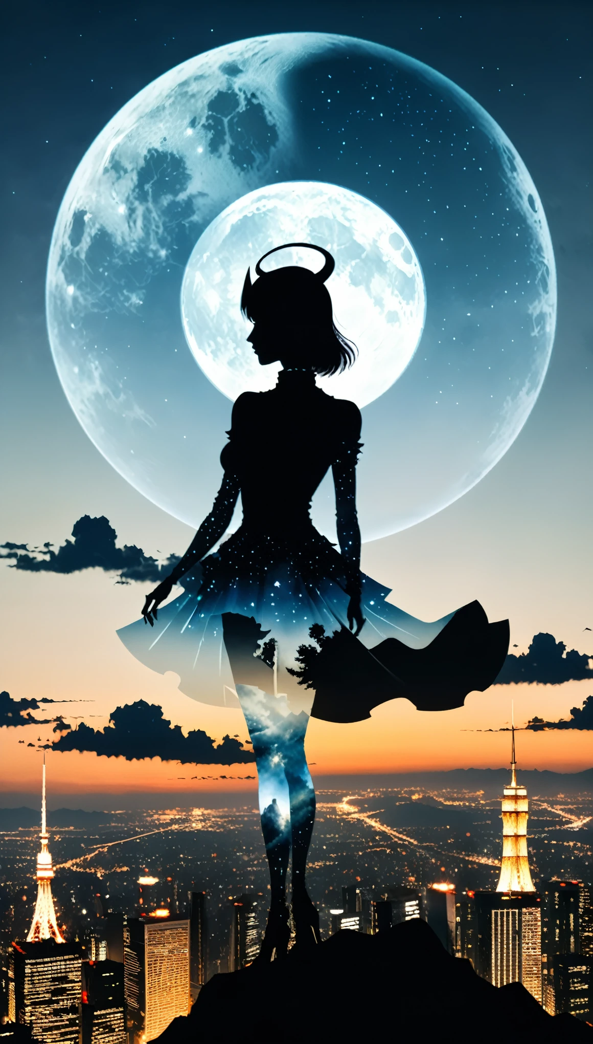 (Double Exposure:1.5)，Screen segmentation，in style of Thierry Mugler，Magic witch silhouette from nebula，fantasy,On one side is a grand and gorgeous sunrise and on the other side is a quiet and ethereal full moon，A hazy city，Halo，Japanese anime style，