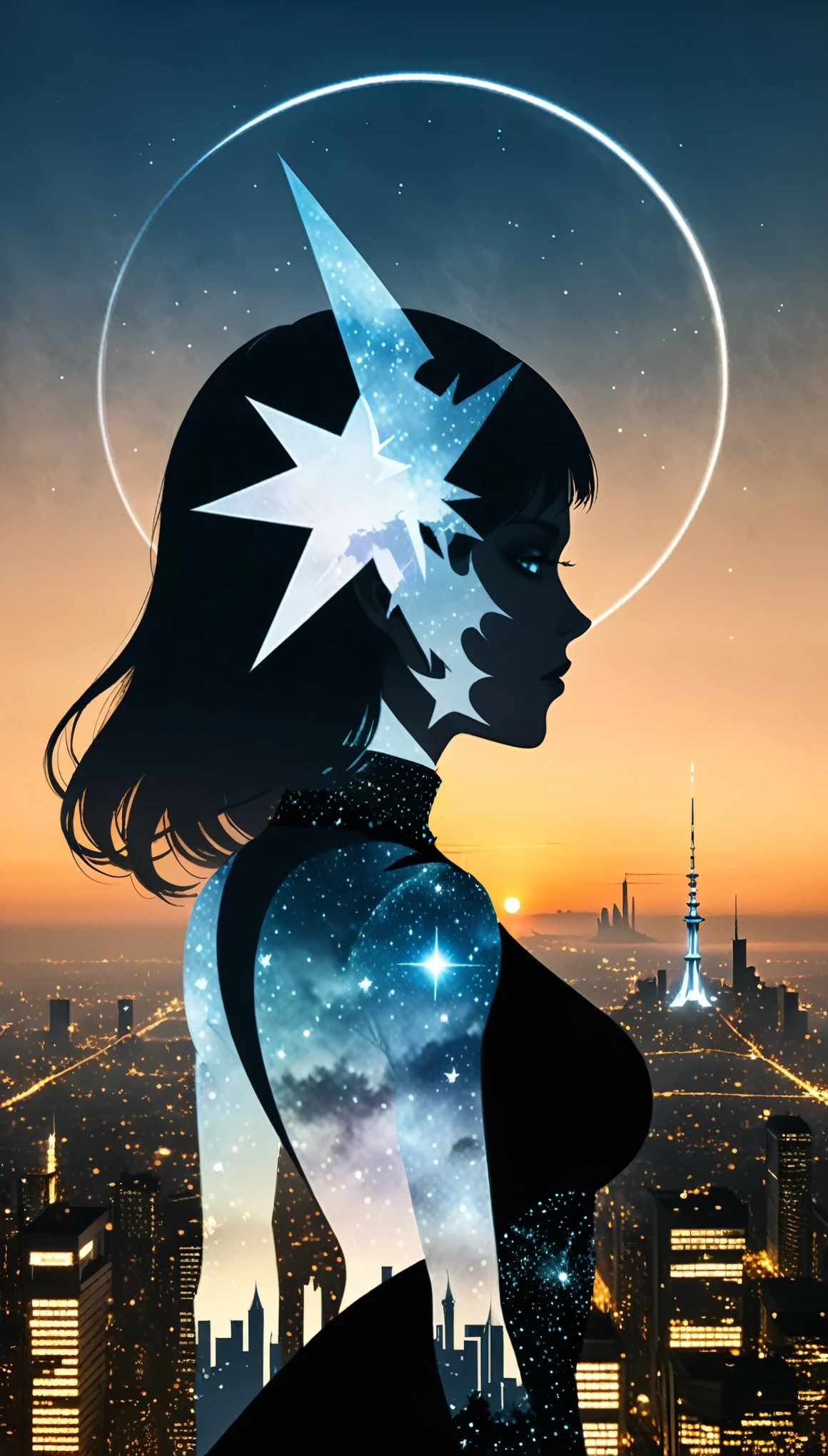 (Double Exposure:1.5)，Screen segmentation，in style of Thierry Mugler，Magic witch silhouette from nebula，fantasy,On one side is a grand and gorgeous sunrise and on the other side is a quiet and ethereal full moon，A hazy city，Halo，Japanese anime style，
