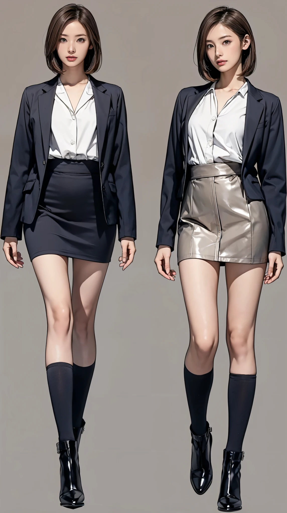 ((masterpiece)),(((Highest quality))),((Character design sheet)),Thin thighs,Long legs,Wearing a black jacket and white shirt、Wearing a super mini skirt，wear black tights，Japanese women leaving the nest，Emi with long black hair:1.3), (Light brown hair:1.3), high waist，Wear black high heels，background is gray，whole body