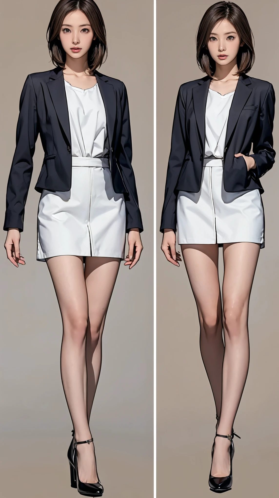 ((masterpiece)),(((Highest quality))),((Character design sheet)),Thin thighs,Long legs,Wearing a black jacket and white shirt、Wearing a super mini skirt，Japanese women leaving the nest，Emi with long black hair:1.3), (Light brown hair:1.3), high waist，Wear black high heels，background is gray，whole body