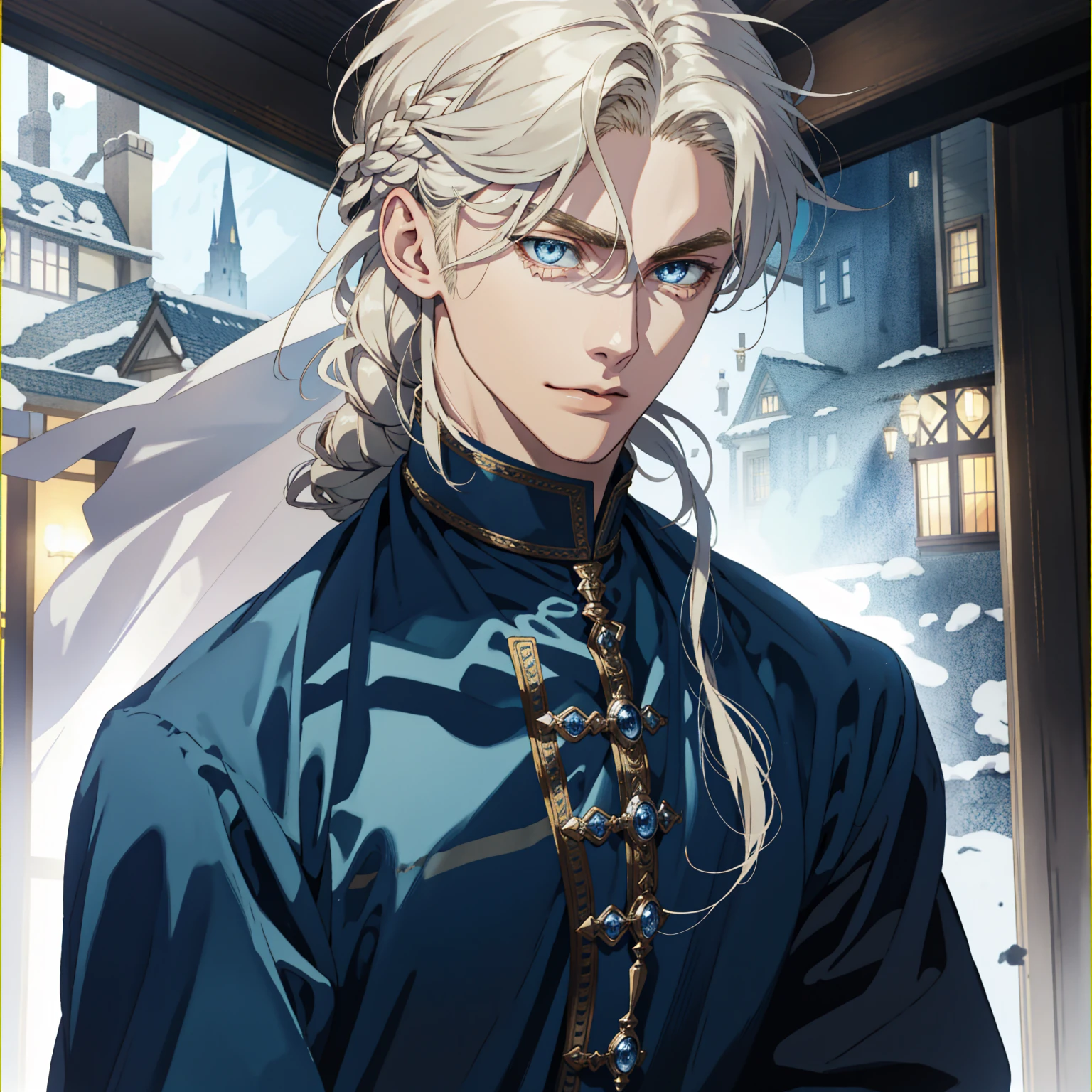 detailed male face, 20 year old man, realistic anime blue eyes, polite, handsome, braided blonde hair, wearing wizard clothes, tavern background, dress, sad face, upper body