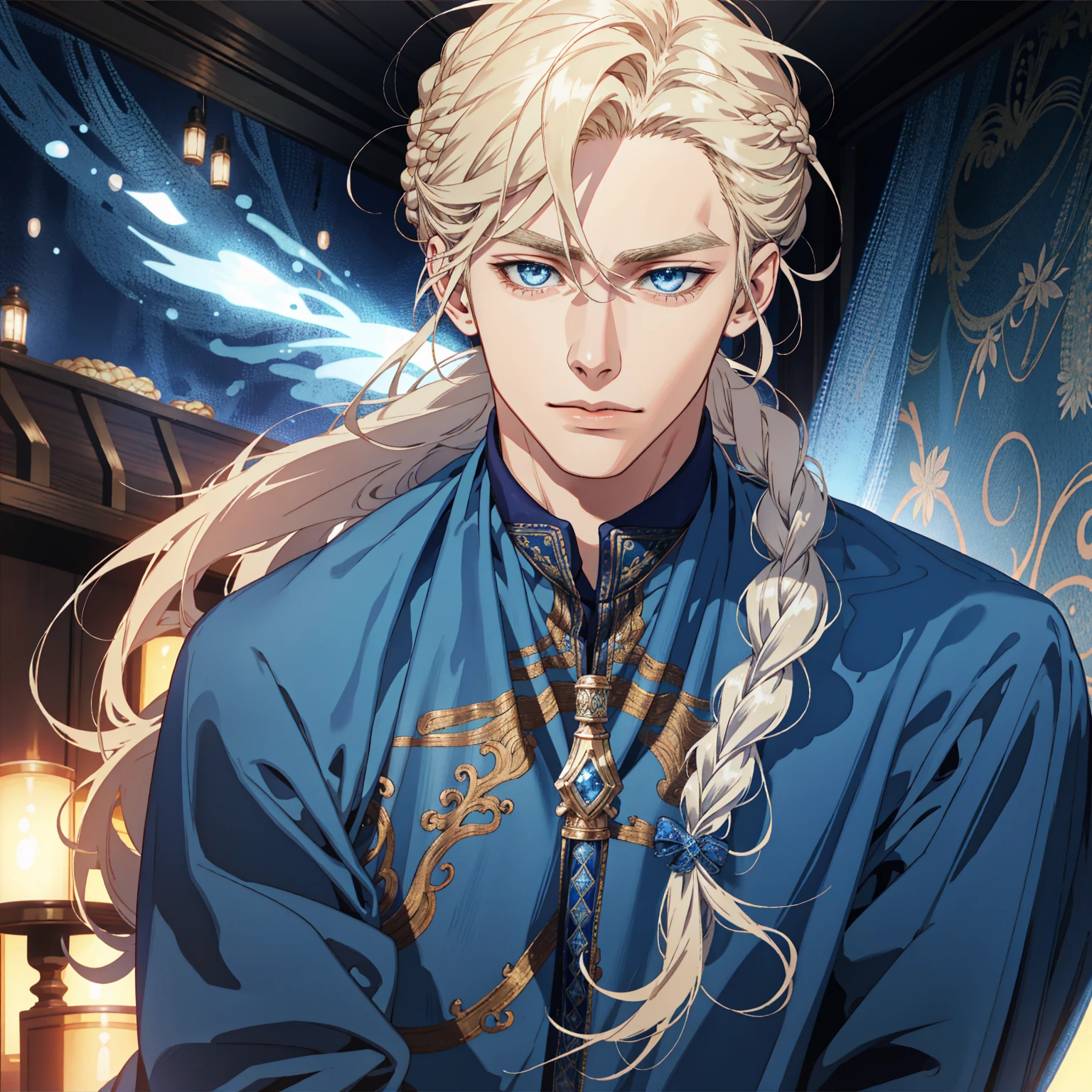 detailed male face, 20 year old man, realistic anime blue eyes, polite, handsome, braided blonde hair, wearing wizard clothes, tavern background, dress, sad face, upper body