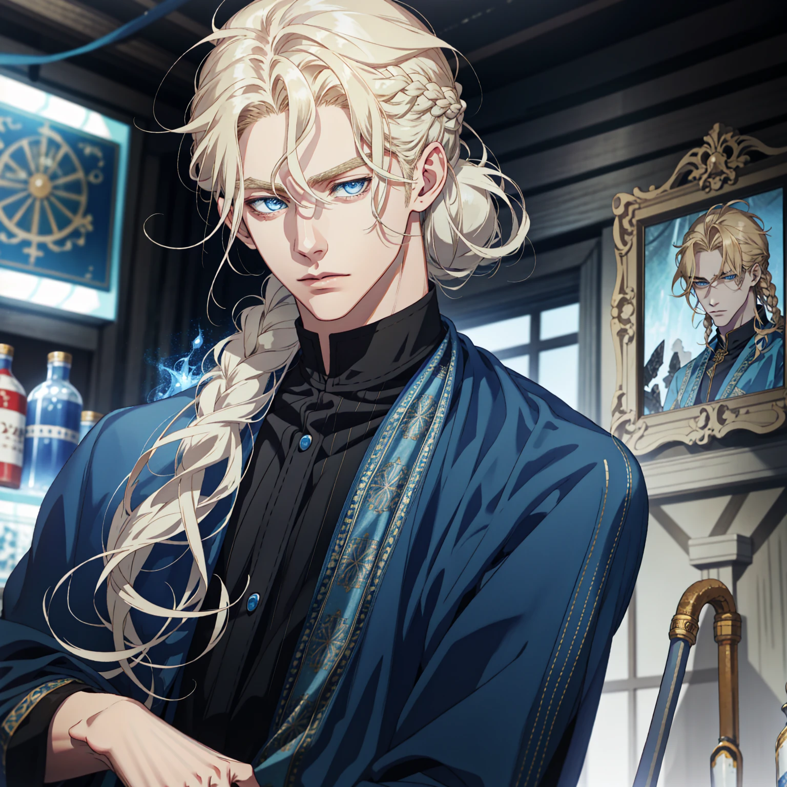 detailed male face, 20 year old man, realistic anime blue eyes, polite, handsome, braided blonde hair, wearing wizard clothes, tavern background, dress, sad face, upper body
