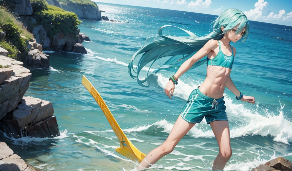 A boy with long aqua hair,flat chest,Extremely slim body,Sports bras,swim trunks,Bracelet,Cooked Legs,Sea