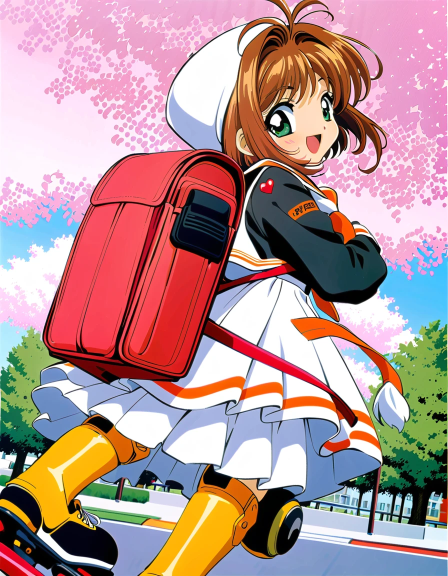 roller skate, One Girl, Annoying, Brown Hair, kinomoto sakura, white skirt, inline skate, skate, Uniforms of Tomoeda Elementary School, cherry blossoms, , skirt, Green Eyes, White Hat, bag, Backpack, Open your mouth, have, 1990s (style), petal, short hair, smile, retro artstyle, pleateD skirt, Hair ties, :D, Knee pads, whole body, bangs, View your audience, Seraphim, Antenna Hair, woman , hair ornaments, Living things, black shirt, wing, Long sleeve, neckerchief, Sailor collar, Outdoor, shirt, Day,