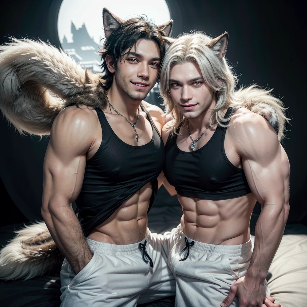 a muscular, furry wolf boy with yellow eyes, white fur, and a wolf tail, smiling and posing confidently while looking at the viewer, wearing a black tank top, pants, and jewelry, with detailed hands and face, by artists zackarry911, zaush, and personalami, in 4k high resolution with soft shading and vivid colors.