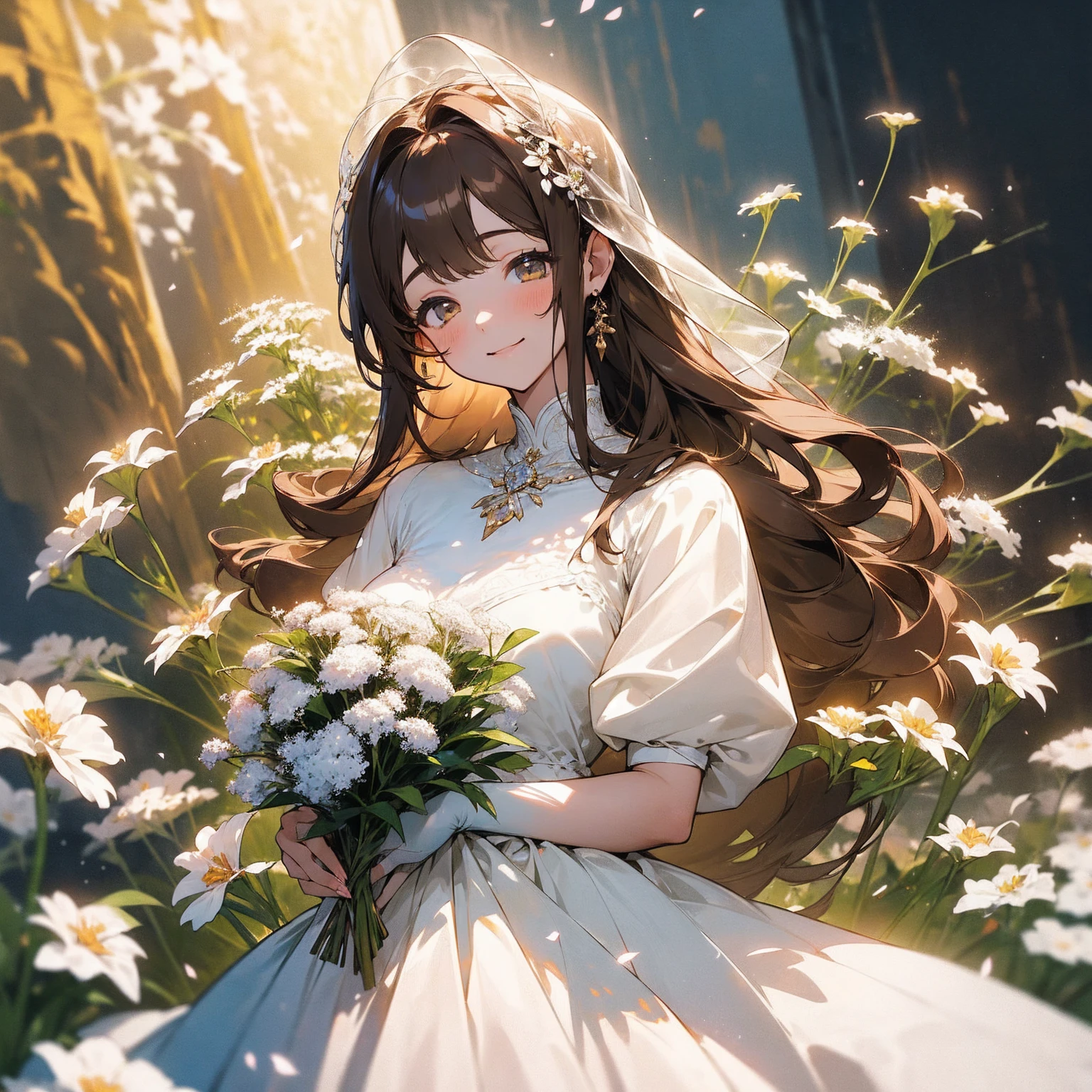 (Beautiful and aesthetic:1.2)、(1 Girl:1.3)、(Brown color hair:1.2)、Wearing a wedding dress、White gypsophila、miracle、happinessそうなsmile、smile、happiness、Gypsophila in full bloom、Fantastic space、