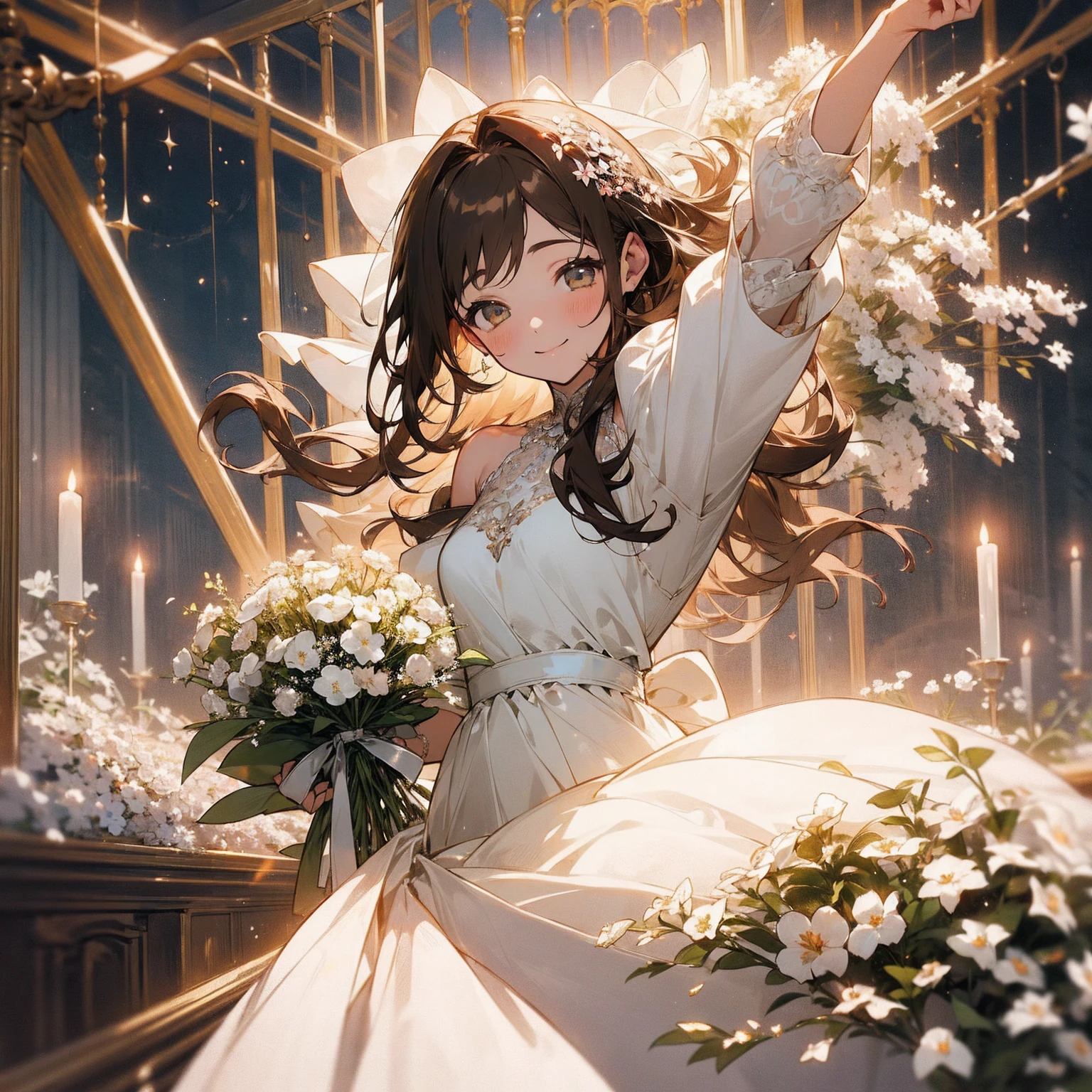 (Beautiful and aesthetic:1.2)、(1 Girl:1.3)、(Brown color hair:1.2)、Wearing a wedding dress、White gypsophila、miracle、happinessそうなsmile、smile、happiness、Gypsophila in full bloom、Fantastic space、