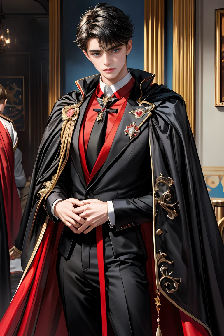
masterpiece, 最high quality, high quality, 1 boy, alone, Male focus, Watching the audience,  Messy black hair, Adorable big blue eyes, White people, Noble, Noble,Sexy voluminous black and red cape、Tuxedo、A very voluminous, large, very large, very large, long, long red and black cape with a high stand-up collar, reaching down to the floor, made of a lot of fabric., 17 years old,Cute beautiful boys,Cute, cute, kind, handsome guy
