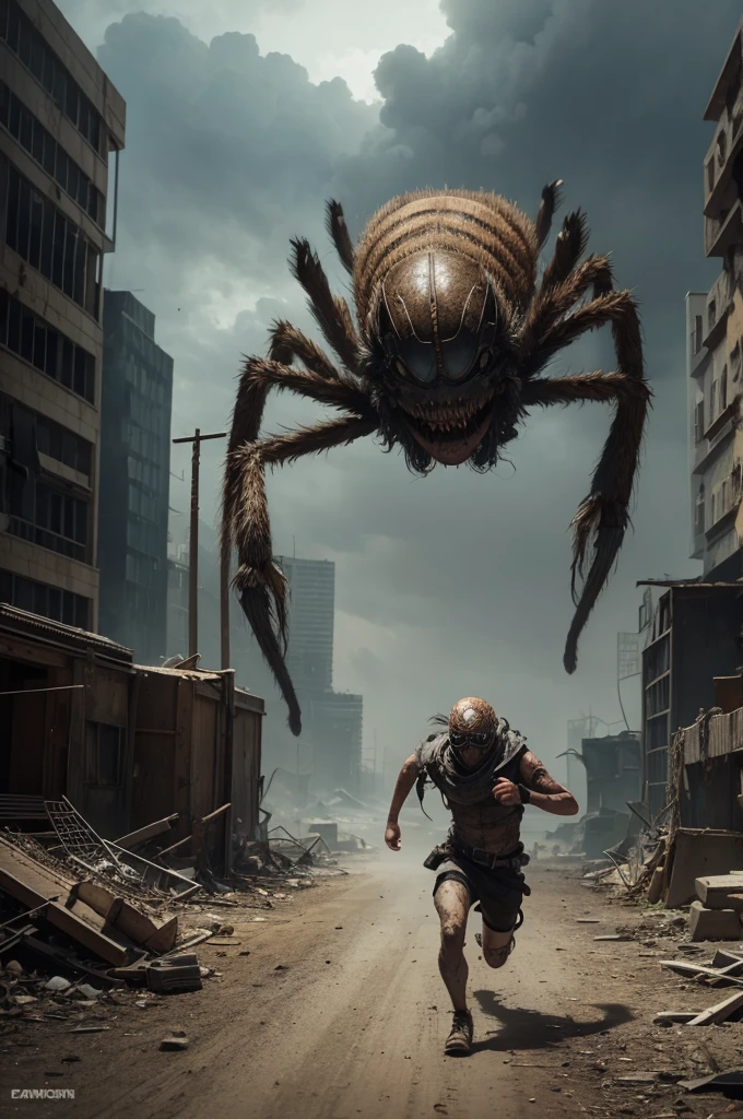 A short-legged one running away from a giant spider in a post-apocalyptic world 