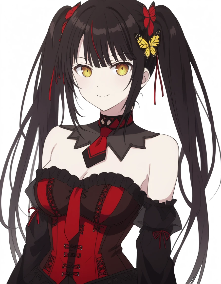 White background, 正面, no scenario, gazing at viewer,, kurumitokisaki, tokisaki kurumi, Bblack hair, Eyes red, long hair, twintails, yellow  eyes, hair elastic, heterochromia, don, red don, bared shoulders, clavicle, choker, butterfly necktie, red butterfly necktie, detached sleeves, corset, volantes, neckleace, White background, 正面, no scenario, gazing at viewer, ssmile, standing alone, cowboy shot,