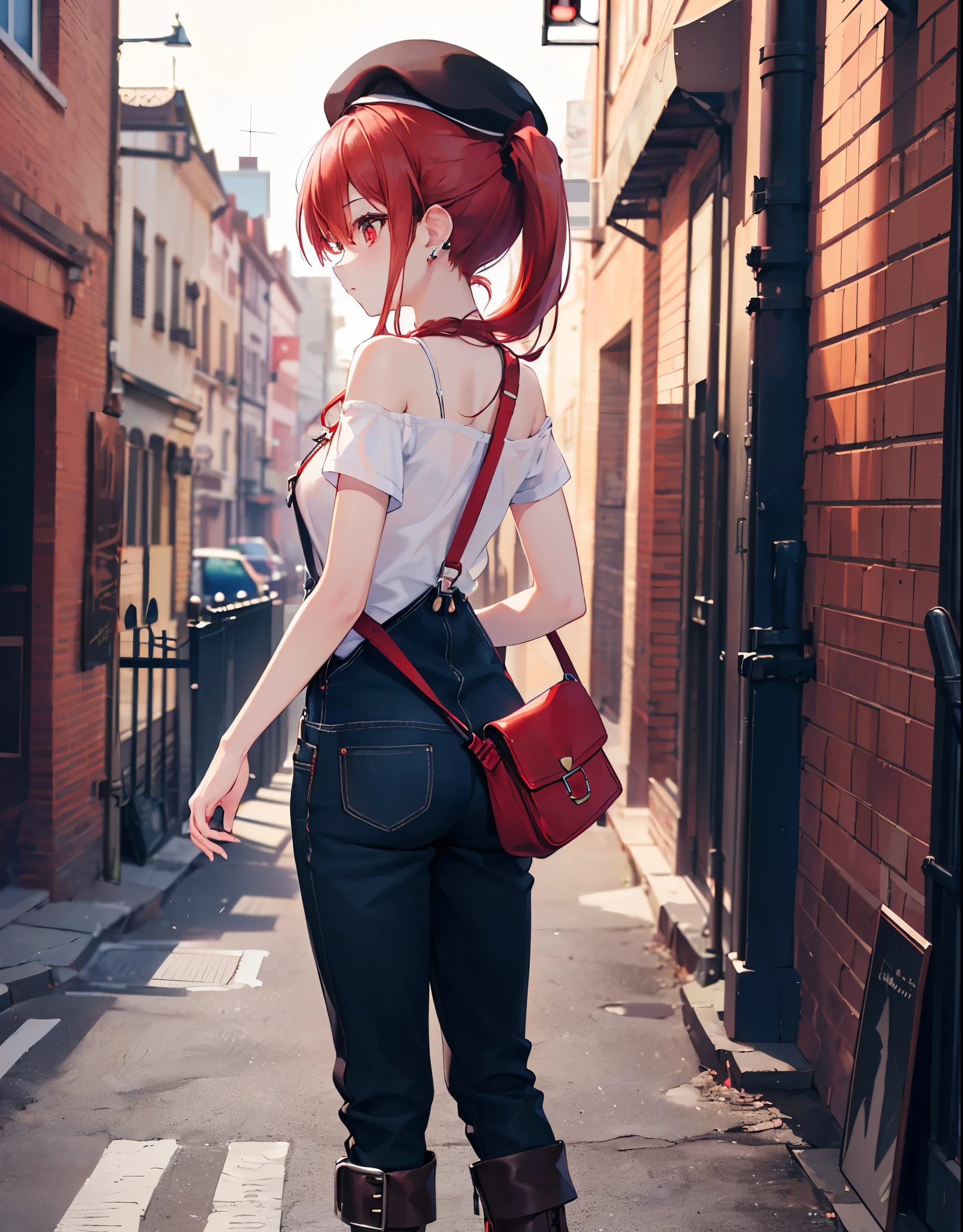 (Close-up:1.3),Realistic,Highest quality, Ultra Detail, High-quality CG rendering, The most delicate and beautiful, Floating softly, High resolution, (1 girl), (Highest quality,4K,8K,masterpiece:1.2),(All red hair:1.5), (ponytail:1.5),(Red eyes:1.5),(Slightly larger breasts:1.2), (Black overalls:1.3),(Pure white inner T-shirt:1.3),(Black boots:1.3)、(Brown Beret:1.3)、Piercing in left ear,In the city,old buildings,(whole body:1.3),(Turn your back to your audience:1.3),Butt,Are standing,(Small shoulder bag:1.3)