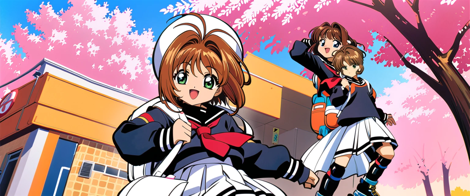 roller skate, One girl, Annoying, Brown Hair, kinomoto sakura, white skirt, inline skate, skate, Uniforms of Tomoeda Elementary School, cherry blossoms, , skirt, Green Eyes, White Hat, bag, Backpack, Open your mouth, Have, 1990s (style), petal, short hair, smile, retro artstyle, pleateD skirt, Hair ties, :D, Knee pads, whole body, bangs, View your viewers, Seraphim, Antenna Hair, woman , hair ornaments, Living things, black shirt, wing, Long sleeve, neckerchief, Sailor collar, Outdoor, shirt, Day,