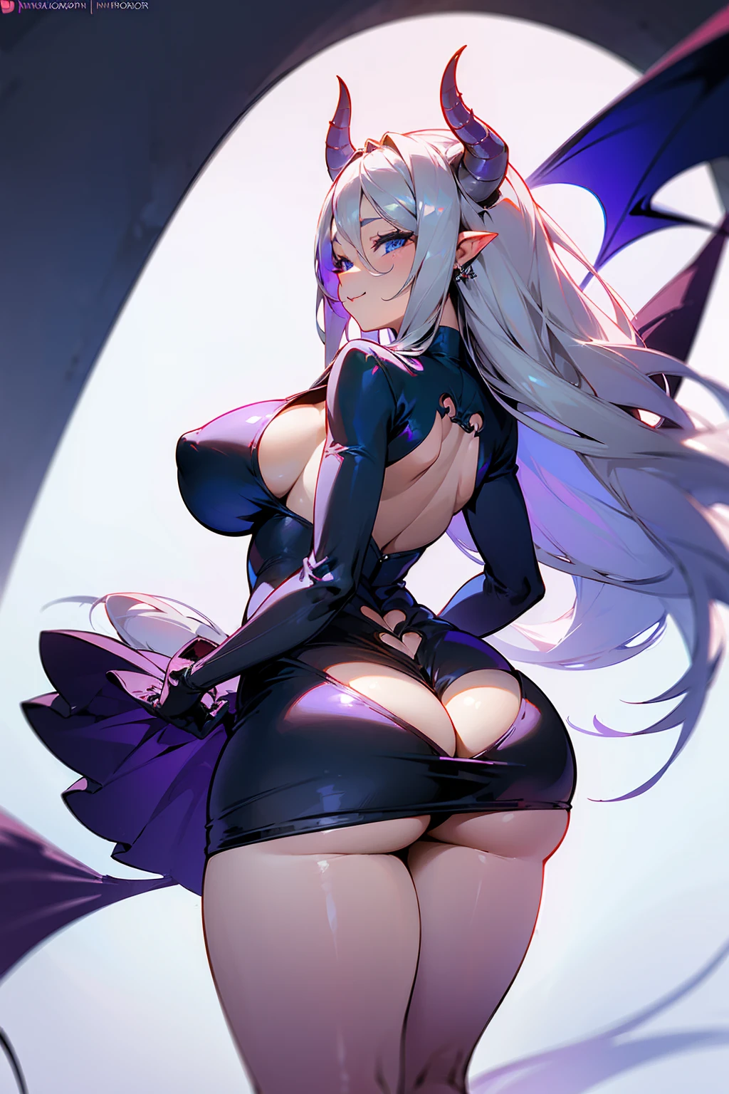 (((1 demon woman))), ((detailed blue eyes)), ((long silver hair)), large breasts, curvy hips, perfectly drawn body, seductive smile, narmaya, perfect butt, rear view, backside view, best quality, masterpiece, ultra-detailed