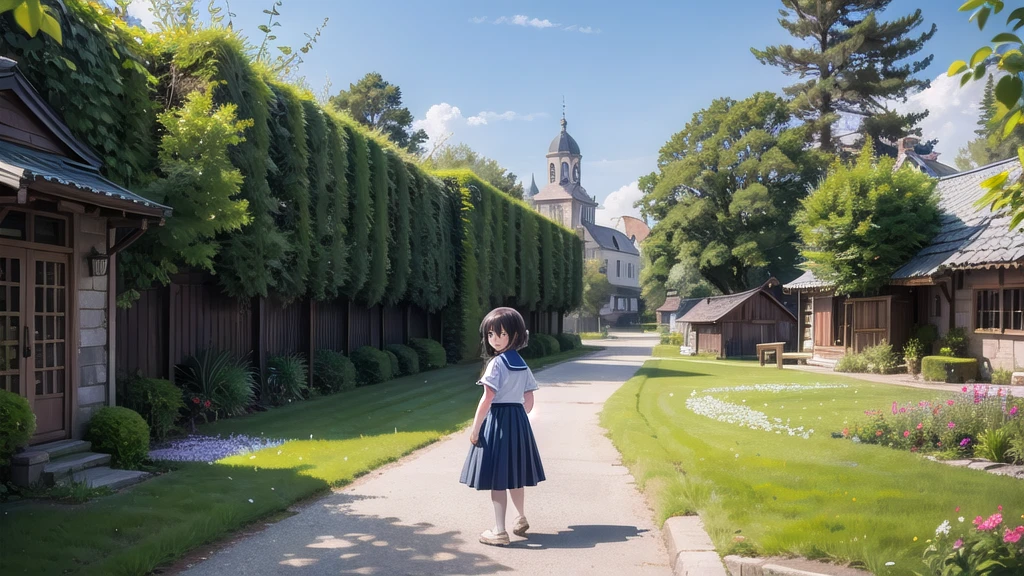 (masterpiece),  town,  blue sky,  One Girl,  smile,  alone,  Sailor suit、Long skirt,  Overgrown,  petal,  plant、Skirt lining、Translucent slip、Nostalgic