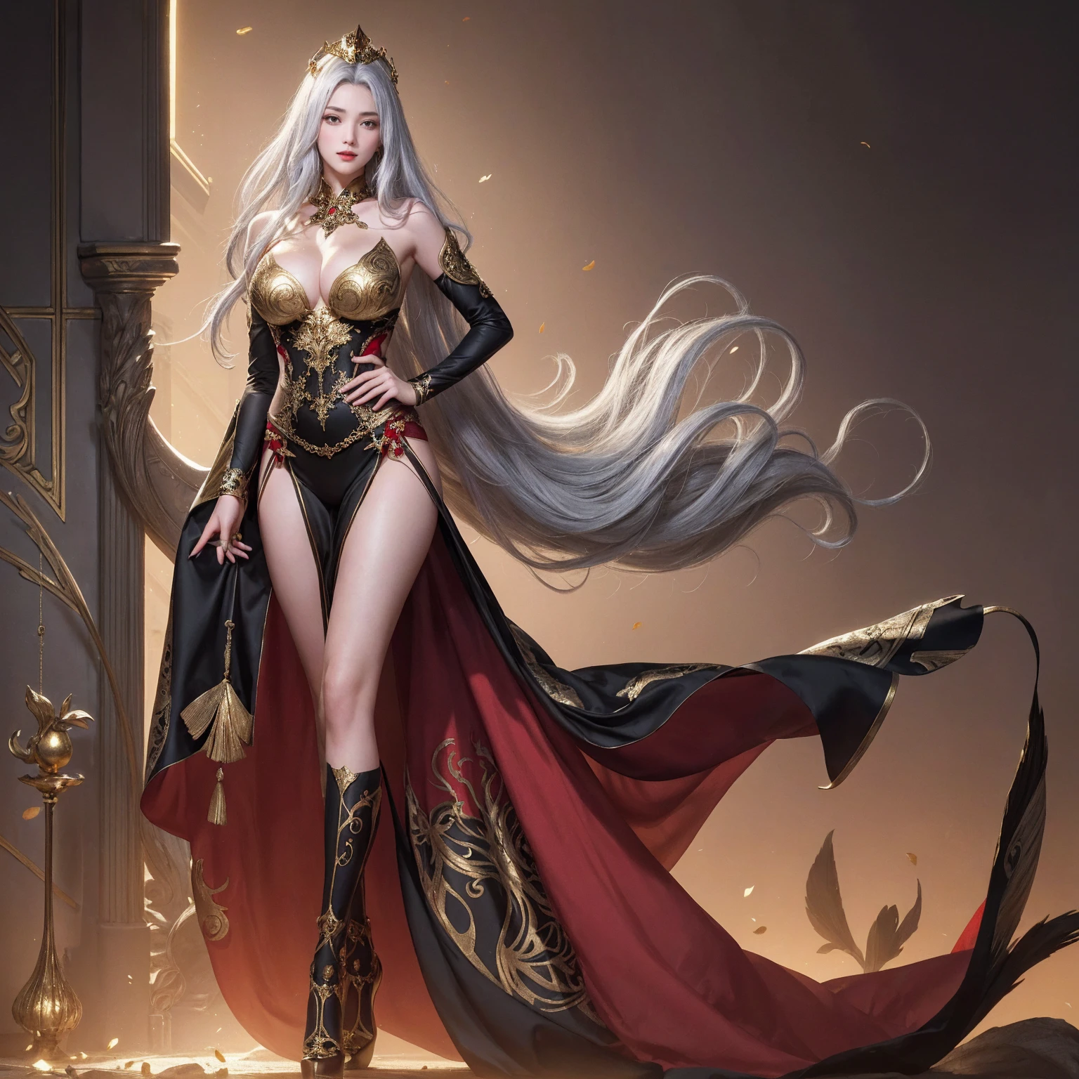 (best quality,4K,8K,highres,masterpiece:1.2),ultra-detailed,(realistic,photorealistic,photo-realistic:1.37), illustration by artgerm and gerald brom, attractive woman, perfect body, huge breasts, hyperfeminine curves, black, red, gold, vibrant, emotive expressions, My chest is completely exposed, glamour, K cup, Exposed breasts, Yukdeok, Voluptuousness, ((((full body)))), ((((独奏)))), 1woman, white hair, gorgeous woman Estimated C, (Front Focus),((ultra gigantic tits))、((Upper body naked))、( Exposed)、(((Golden short hair)))、((Sexy embroidered red and gold and black witch costume))、((High quality red and gold and black witch costume with sexy embroidery))、((Sexy Witch、High quality red and gold and black witch costume with less fabric embroidery))、Sexy embroidery beautifully embroidered on red and gold and black witch costume,Decorated with fine witch costumes and fine jewelry with fine embroidery,photographrealistic,Dynamic Lighting,art stations,poster for,Volumetriclighting,extra detailed face,4 k'',((Colossal tits))、With diamonds,Sexy thighs,exposing the abdomen ,Chest 1 Girl, deepshadow, Full Body, The eyes are confused and seductive,legs separated, high resolution, 1women, mature female, 独奏, full body, jewelry, tattoo, white hair, long hair, make up, red lips, queen dress, realistic, high resolution, 1 woman, mature woman, alone, Tattoo, gray hair, long hair, assembly, red lips, queen dress, Image from head to toe, only standing, standing full body image, realistic, high resolution, 오직 1 woman, 오직 alone, look at the viewer, (detailed face), gray hair, silver hair, long hair, feet up, beautiful eyes, Huge big breasts that are about to explode, golden armor, BLACK & GOLD gi, transparent, pantyhose, bare shoulders, Dripping tops, Visible nipples, look at the viewer, Orientalism, My chest is very hollow, My chest is completely exposed, glamour, K cup, Bewitching, Crotch that is barely visible, ancient japanese background, realistic hands, realistic feet and legs, live action, Banla, masterpiece, very pretty face, Exposed breasts, 2 hands with 5 fingers each, Two feet with five toes each, Yukdeok, Voluptuousness, full body naked