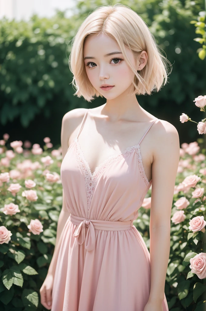 8K, CRU photo, Fujifilm, style photo of a beautiful young woman like Avril in a light pink rose garden (highly detailed skin: 1.2) Style-Petal BREAK short hair, blonde hair with colored highlights, wearing a dress, film grain, 35mm, cute style