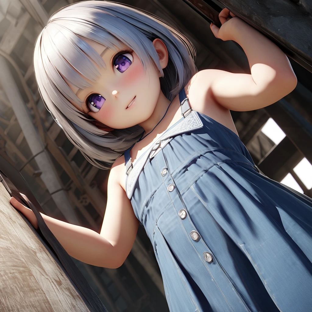 masterpiece, Highest quality, Very detailed, High resolution, An expensive solution, High resolution, 4K, 8K, ユニティ 8K 壁紙, Very detailed CG, masterpiece, Realistic, 2D, 3d, Beautiful details, depth, Fine texture, Highest quality: 1.3, Fully focused, Crispy.skin, .he, Very cute anime girl about , Expensive silver short hair, Girl about 3 years oldetty blue dress, blush, Mole, Release your lips, hair ornaments, heart, Purple eyes、Condom in mouth、A defiant smile、Lifting up your skirt in a dimly lit alley、クーラーの室外機の上にsit、Crotch close-up、Angle from below、I can see your underwear、Translucent slip、Spread your legs、Looking down from above、front、sit、Cotton panties