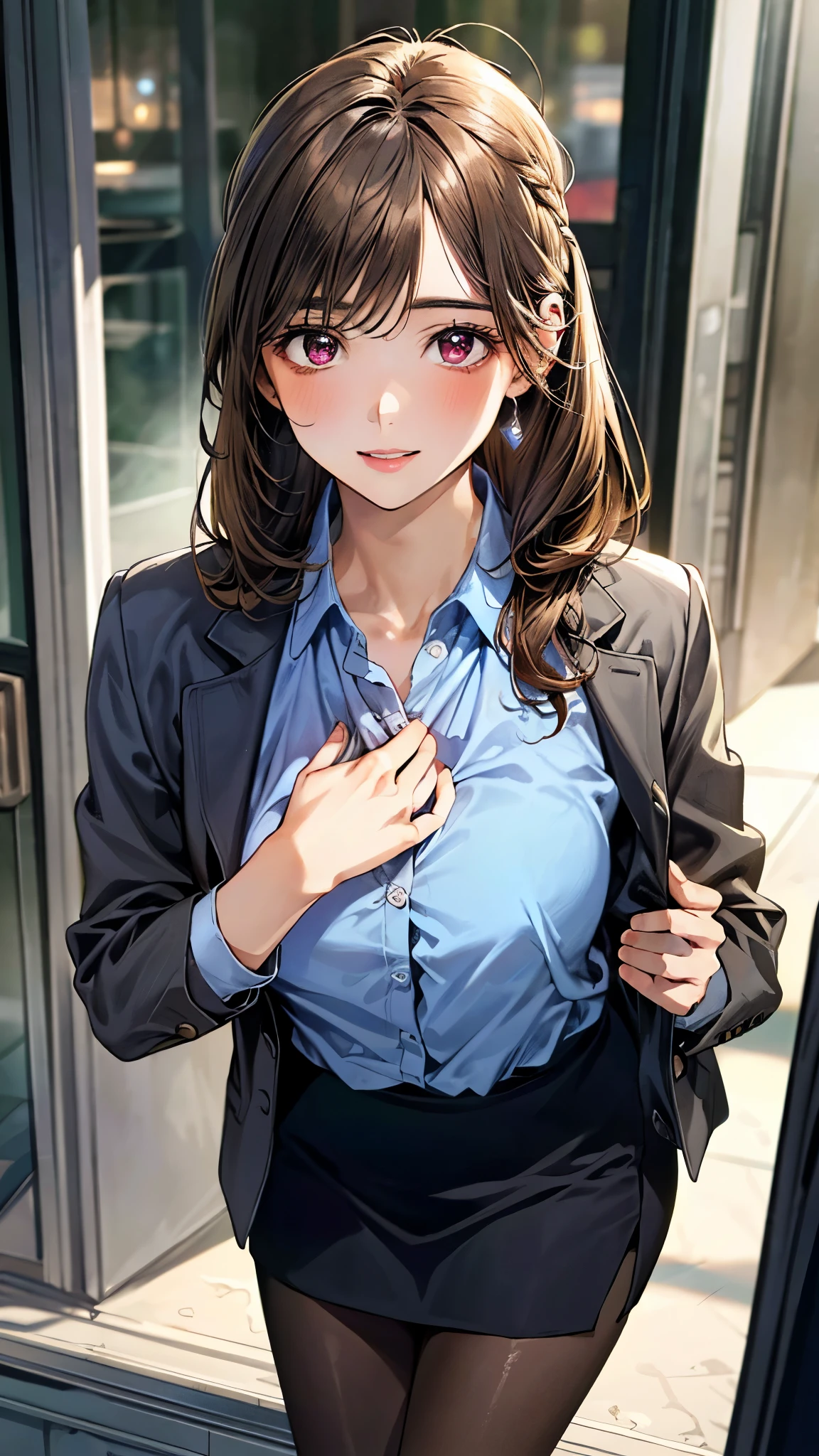 (masterpiece:1.2, highest quality), (Realistic, photoRealistic:1.4), Beautiful illustrations, (Natural side lighting, Cinema lighting), 
Watching the audience, Face focus, Upper Body, 1 female, Japanese, Perfect Face, Perfect body, Symmetrical cute face, Glowing Skin, Baby Face, big breasts:1.4, Hair between the eyes, Emerald green eyes, Captivating thighs, thin, 
Beautiful Hair, Beautiful Face, thin and beautiful eyes, Beautiful clavicle, Beautiful body, Beautiful breasts, Beautiful thighs, Beautiful legs, Beautiful fingers, Are standing,(masterpiece:1.2, highest quality), (Realistic, photoRealistic:1.4), Beautiful illustrations, 1 female, Japanese, ((brown hair, Medium Hair:1.5, Wet Hair:1.4)), blown 髪, bangs, 髪 between eyes, big breasts, 
beautiful 髪, Beautiful Face, Beautiful and detailed, Beautiful clavicle, Beautiful body, Beautiful breasts, Beautiful thighs, Beautiful legs, Beautiful fingers,
((Suit jacket, pants suit:1.6, Collared shirt)), 