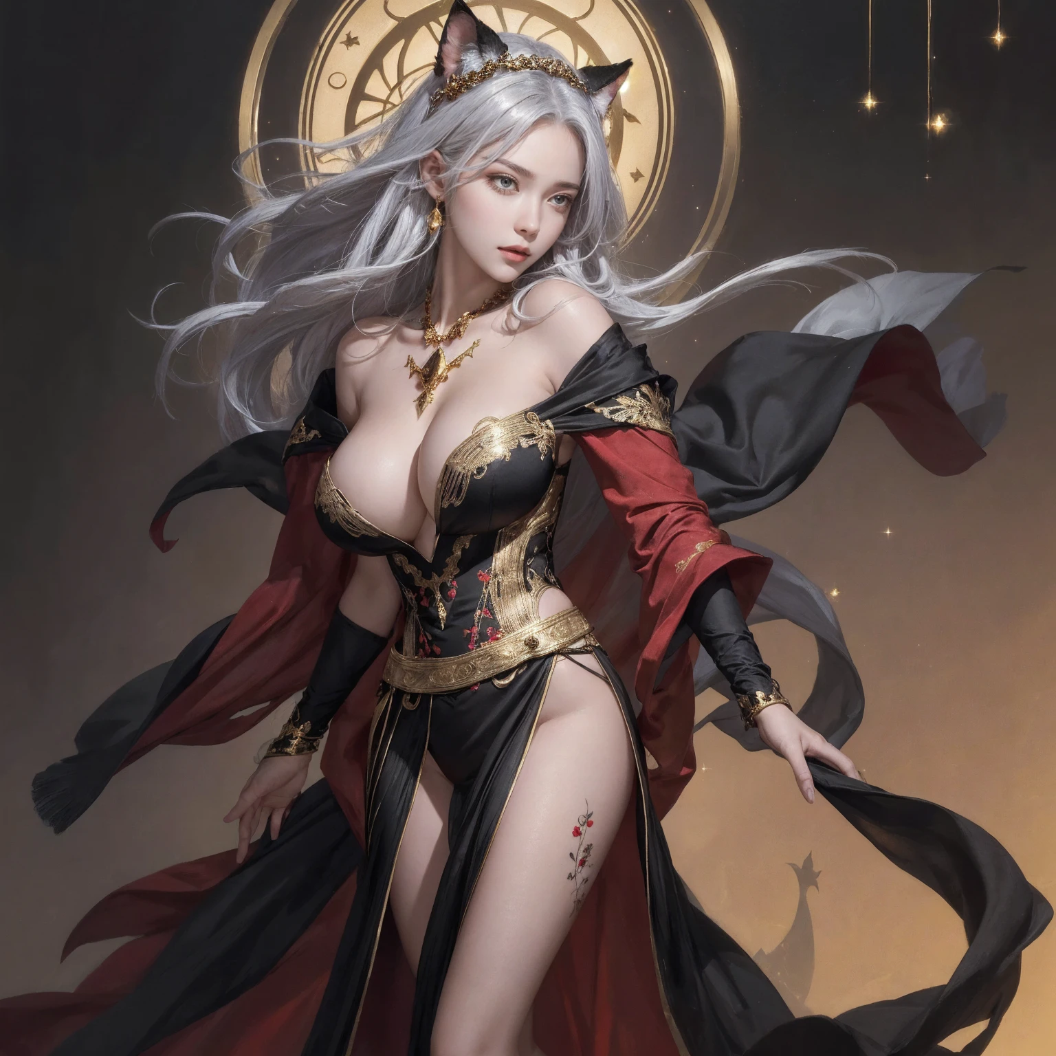 (best quality,4K,8K,highres,masterpiece:1.2),ultra-detailed,(realistic,photorealistic,photo-realistic:1.37), illustration by artgerm and gerald brom, attractive woman, perfect body, huge breasts, hyperfeminine curves, black, red, gold, vibrant, emotive expressions, My chest is completely exposed, glamour, K cup, Exposed breasts, Yukdeok, Voluptuousness, ((((full body)))), ((((独奏)))), 1woman, white hair, gorgeous woman Estimated C, （Front Focus），((ultra gigantic tits))、((Upper body naked))、( Exposed)、(((Golden short hair)))、((Sexy embroidered red and gold and black witch costume))、((High quality red and gold and black witch costume with sexy embroidery))、((Sexy Witch、High quality red and gold and black witch costume with less fabric embroidery))、Sexy embroidery beautifully embroidered on red and gold and black witch costume，Decorated with fine witch costumes and fine jewelry with fine embroidery，photographrealistic，Dynamic Lighting，art stations，poster for，Volumetriclighting，extra detailed face，4 k''，((Colossal tits))、With diamonds，Sexy thighs，exposing the abdomen ,Chest 1 Girl, deepshadow, Full Body, The eyes are confused and seductive，legs separated, high resolution, 1women, mature female, 独奏, full body, jewelry, tattoo, white hair, long hair, make up, red lips, queen dress, realistic, high resolution, 1 woman, mature woman, alone, Tattoo, gray hair, long hair, assembly, red lips, queen dress, Image from head to toe, only standing, standing full body image, realistic, high resolution, 오직 1 woman, 오직 alone, look at the viewer, (detailed face), gray hair, silver hair, long hair, feet up, beautiful eyes, Huge big breasts that are about to explode, golden armor, BLACK & GOLD gi, transparent, pantyhose, bare shoulders, Dripping tops, Visible nipples, look at the viewer, Orientalism, My chest is very hollow, My chest is completely exposed, glamour, K cup, Bewitching, Crotch that is barely visible, ancient japanese background, realistic hands, realistic feet and legs, live action, Banla, masterpiece, very pretty face, Exposed breasts, 2 hands with 5 fingers each, Two feet with five toes each, Yukdeok, Voluptuousness, full body naked