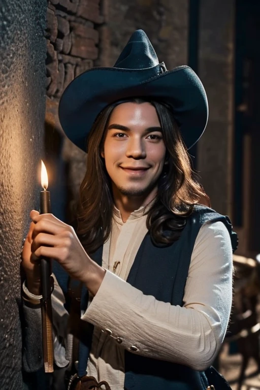 (Best Quality:1.3), Filming of movies, Masterpiece, (sharp focus:1.5), (natural:1.3), Medium portrait (A young medieval sorcerer with long wavy hair, SMILE, proud and fierce, Wearing an exquisite blue tunic and a peaked hat., There are several lit torches on the wall., Give the scene a dark atmosphere.,But the shape has a stark contrast between light and dark.), evening, (highly refined leather), (detailed face), detailed background, Dark light, twilight lighting, volumetric lighting, intricate details, ultra high definition,