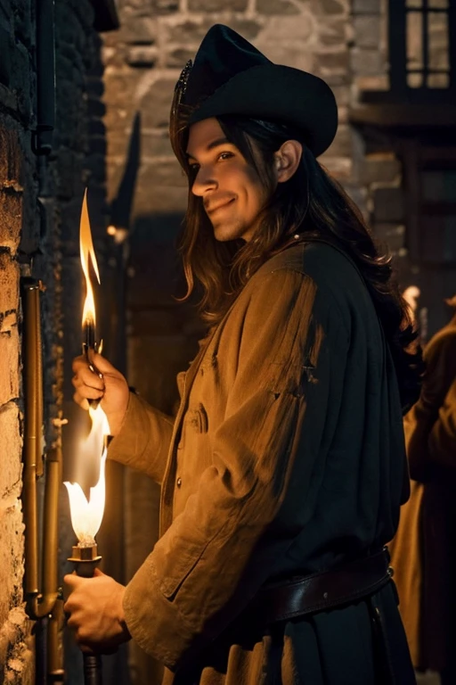 (Best Quality:1.3), Filming of movies, Masterpiece, (sharp focus:1.5), (natural:1.3), Medium portrait (A young medieval sorcerer with long wavy hair, SMILE, proud and fierce, Wearing an exquisite blue tunic and a peaked hat., There are several lit torches on the wall., Give the scene a dark atmosphere.，But the shape has a stark contrast between light and dark.), evening, (highly refined leather), (detailed face), detailed background, Dark light, twilight lighting, volumetric lighting, intricate details, ultra high definition, 
