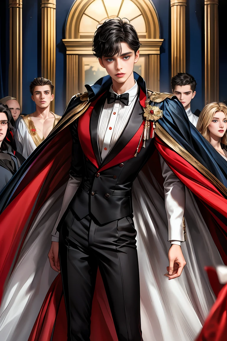 
masterpiece, 最high quality, high quality, 1 boy, alone, Male focus, Watching the audience,  Messy black hair, Adorable big blue eyes, White people, Noble, Noble,Sexy voluminous black and red cape、Tuxedo、A very voluminous, large, very large, very large, long, long red and black cape with a high stand-up collar, reaching down to the floor, made of a lot of fabric., ,Cute beautiful boys,Cute, cute, kind, handsome guy