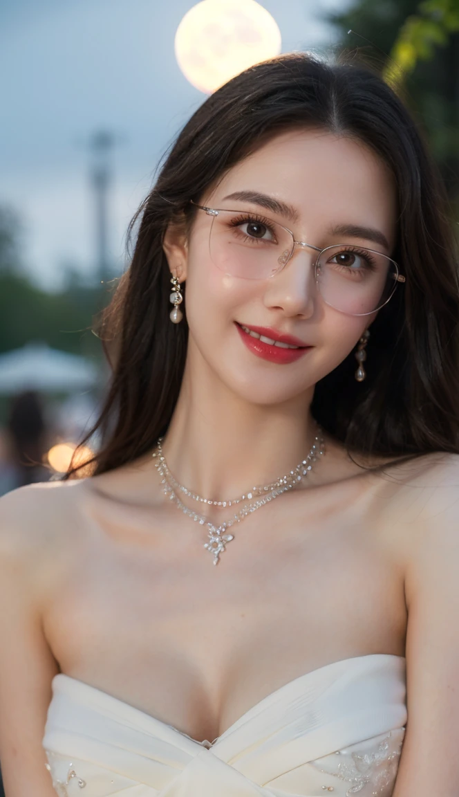 (Canon RF85mm f/1.2), (8K, RAW photos, best quality), (masterpiece), (actual, photograph actual), (Very detailed, High Detail, Best image quality, Super detailed, high resolution, Very detailed, Very detailed的描述, Ultra-fine, Extremely exquisite and beautiful work), Beautiful and delicate girl, Solo Girl, ((Perfect body)), Very detailed eyes and face, White skin, Noble beauty, ((The skin texture is delicate, Pores)), Perfect anatomical structure, Beautiful body, Delicate face, Slim abs, Slim waist), Big Ass, (Large Breasts, Breast enlargement), (Cleavage), (affectionate gaze, soulful eyes, Glowing eyes), (beautiful and clear eyes), (Bounce Curly Messy Long Hair), (Smile:1.2), (fascinated expression), (Attractive appearance), ((Cardigan,Strapless wedding dress)), ((Tight)), ((bud)), ((wear glasses)), earrings, necklace, ((night)), ((Street View, moonlight)), Physically Based Rendering, Realistic lighting, (((Upper Body))), ((looking at the audience)), ((Everlasting)), ((Happy and shy))