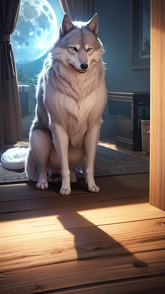 masterpiece, Highest quality, (Very detailed CG Unity 8k 壁紙), (Highest quality), (Best illustrations), (Best Shadow), Full moon and wolf, Very detailed