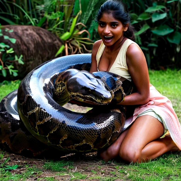  Happy Horny, aroused 1girl), beautiful kneeling indian young teen girl  with  giant colossal black anaconda  monster squeezing her hard, wrapped in thick spiraling coils, constricted, struggle, gasping for air, snake attack, snake peril, moonless night, dim light