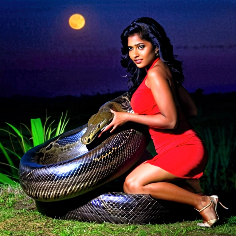 Pregnant Topless  Happy Horny, aroused 1girl), beautiful kneeling Indian young teen girl  with  giant colossal black titanboa squeezing her hard, wrapped in thick spiraling coils, constricted, struggle, gasping for air, snake attack, snake peril, moonless night, dim light