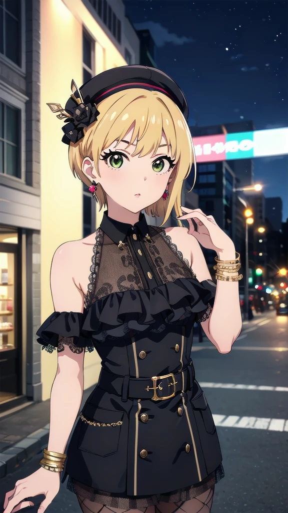 masterpiece, Highest quality, High resolution, Humphrey, Blonde, Braiding, beret, Black Hat, Earrings, Bracelet, Plaid, Bare shoulders, Black Bow, Black Dress, Wrist cuff, bracelet, belt, Fishnet tights, Idolmaster Cinderella Girls, night, city, street, Are standing, Cowboy Shot, (((Pixel Perfect, Perfect in every detail))), alone, ***1 person, Chisato Nishikigi, Uniform wine, Looking at the audience, 1 personの***, alone, (((1 personの***))),(((alone))),(((1 person))).ハイヒール***1 person, whole body,（look up:1.4） alley, inquiry, Talk to your audience、Are Are standing